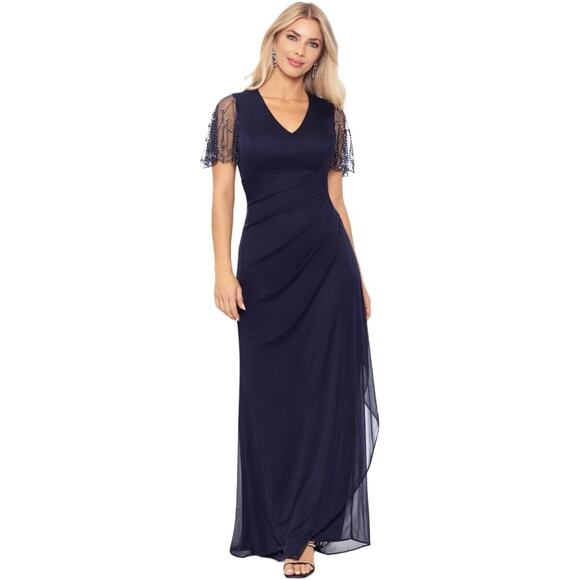 X By Xscape Sheer Matte Jersey Maxi Dress Beaded Sleeves Ruching Navy Sz 4P NWT - Picture 1 of 10
